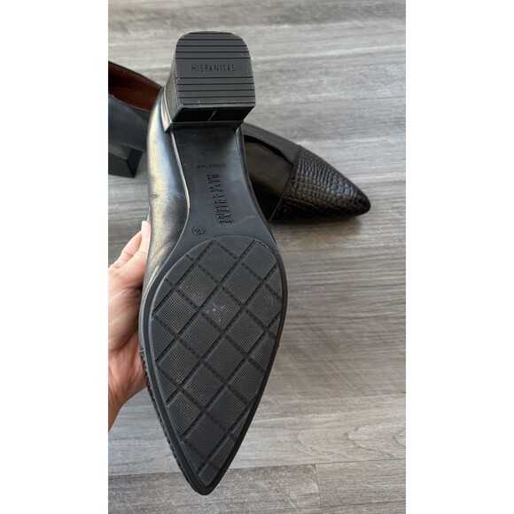 Hispanitas Black Leather Heels Size 11 Pointed Toe Block Heel 42 Spain - Picture 9 of 10